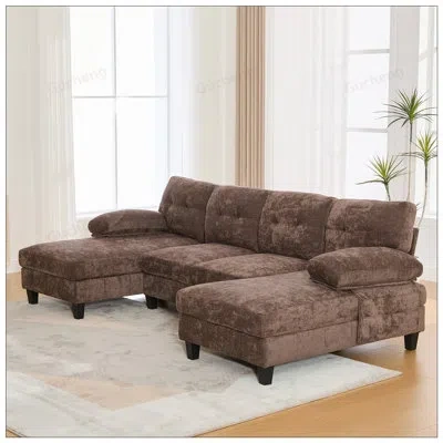 Gucheng U-shaped Sectional Sofa 103.5inch Chenille Fabric Couch With Dual Chaise Lounges, Storage Pockets An In Brown