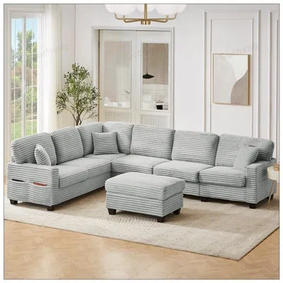 Gucheng U-shaped Sectional Sofa With Movable Ottoman And Side Storage Pockets, Perfect For Versatile Living  In Light Gray