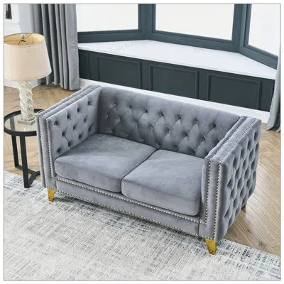 Gucheng Velvet Sofa For Living Room, Buttons Tufted Square Arm Couch, Modern Upholstered Design With Metal L In Gray