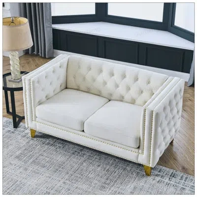 Gucheng Velvet Sofa For Living Room, Buttons Tufted Square Arm Couch, Modern Upholstered Seating With Metal  In Beige