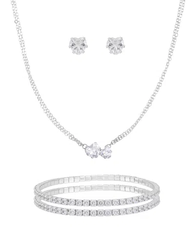 Guess 3-pc. Cubic Zirconia Gold-tone Heart Necklace, Stud Earrings, And Bracelet Gift Set In Silver