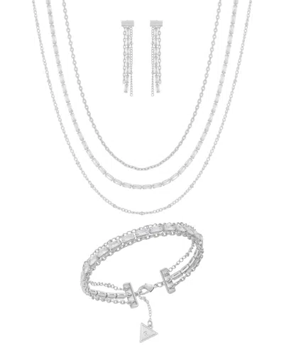Guess 3-pc. Cubic Zirconia Gold-tone Multi-chain Necklace, Drop Earrings, And Bracelet Set In Silver