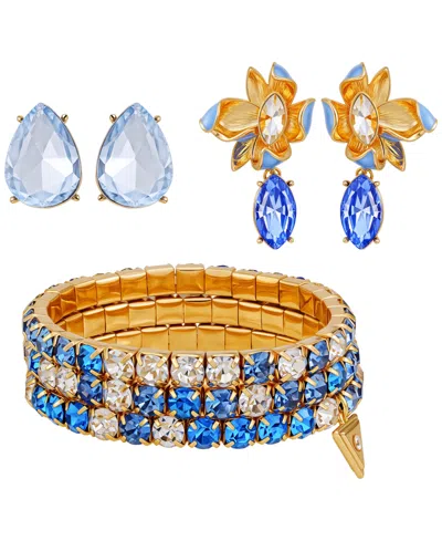 Guess 3-pc. Rose Gold-tone Bracelet And Stud Earrings Set In Blue