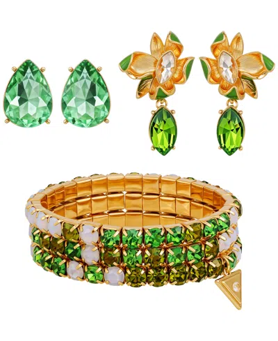 Guess 3-pc. Rose Gold-tone Bracelet And Stud Earrings Set In Green