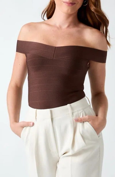 Guess Alexis Off The Shoulder Bandage Top In Brown