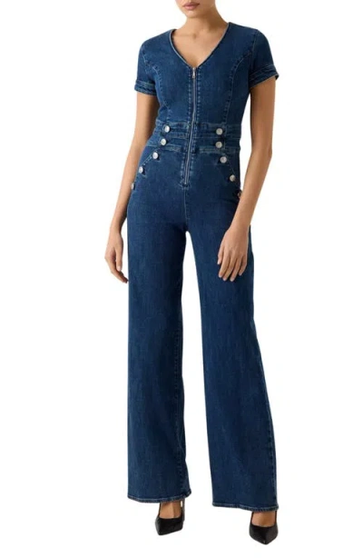 Guess Alina Stretch Denim Flared Jumpsuit In Blue