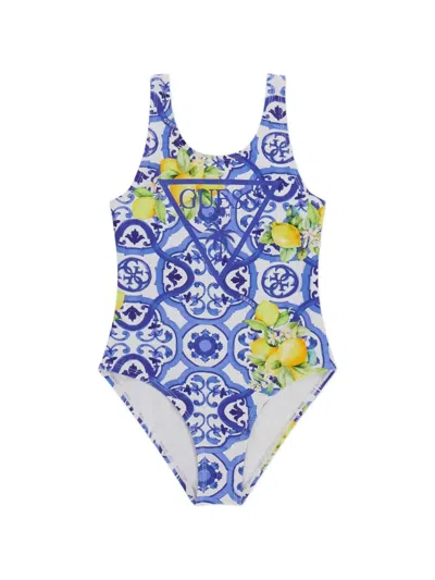 Guess Kids'  Girls Amalfi Coast Print Swimsuit In Blue