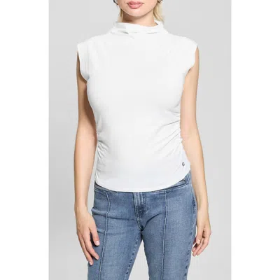 Guess Ariane 3d Flower Ruched Stretch Cotton Tank In Pure White