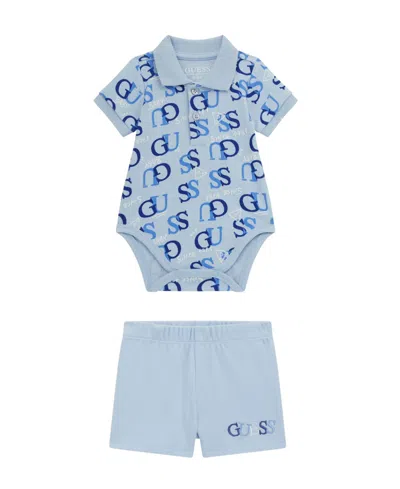 Guess Baby Boy Bodysuit And Short Set In Blue