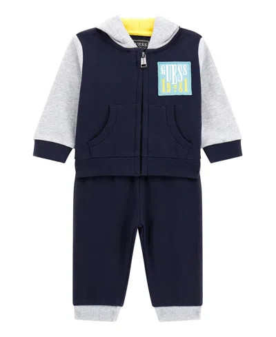 Guess Baby Boy Long Sleeve Active Top And Active Pant Set In Blue