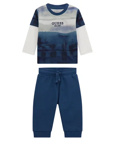 Guess Baby Boy Long Sleeve Two-fer Top And Active Pant, 2-piece Set In Blue