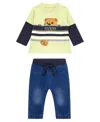 Guess Baby Boy Screen Print Long Sleeve T-shirt And Knit Denim Pant, 2-piece Set In Green
