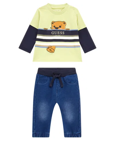 Guess Baby Boy Screen Print Long Sleeve T-shirt And Knit Denim Pant, 2-piece Set In Green