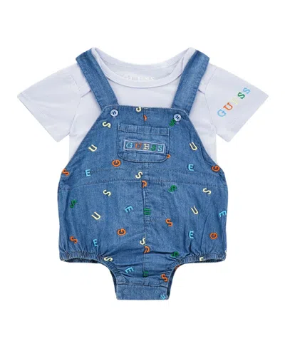 Guess Babies' Embroidered Denim Romper Set In Blue