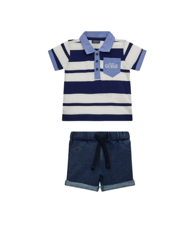 Guess Baby Boy Short Sleeve Polo And Denim Short Set In Blue