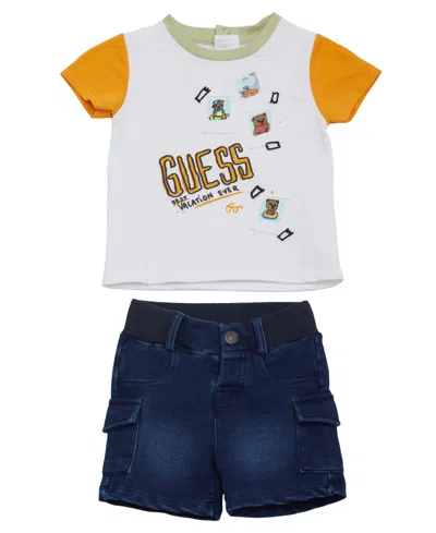 Guess Baby Boy Short Sleeve T-shirt And Denim Short In White