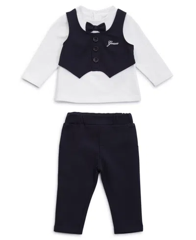 Guess Baby Boy T-shirt With Attached Vest And Matching Pant, 2-piece Set In White