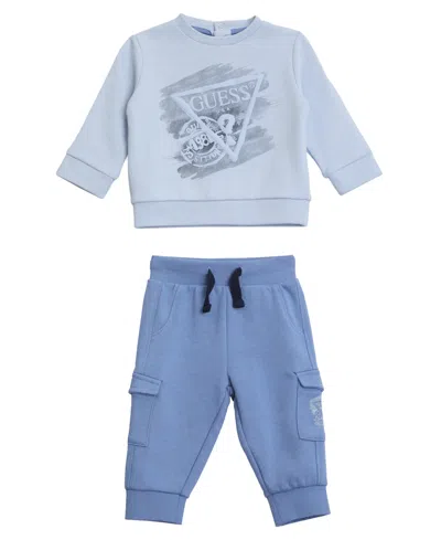 Guess Baby Boys 2-piece Long-sleeve Sweatshirt And Cargo Sweatpants Set In Blue