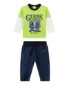 Guess Baby Boys 2-piece Long Sleeve Two-fer Shirt And Knit Denim Pants Set In Green