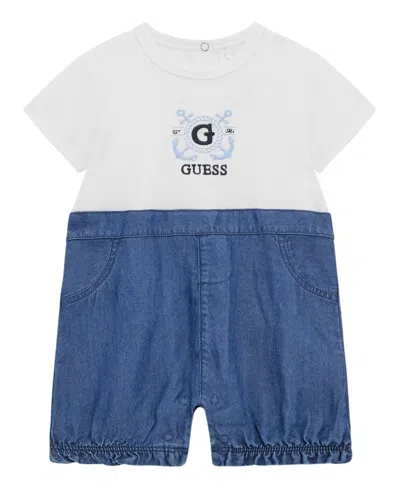 Guess Baby Boys 2-piece Mixed Media Chambray Shortall Set In White