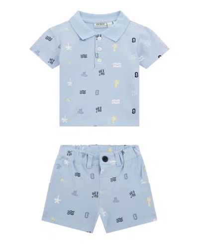 Guess Baby Boys 2-piece Short Sleeve Stretch Piquet Polo And Stretch Piquet Short Set In Blue