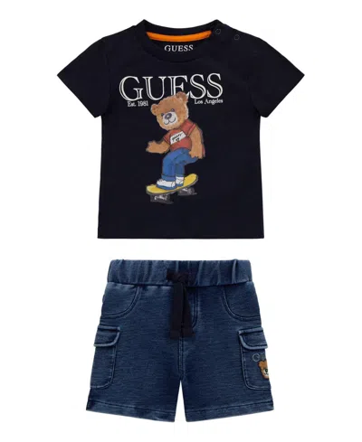Guess Baby Boys 2-piece Short Sleeve T-shirt And Knit Denim Short Set In Blue
