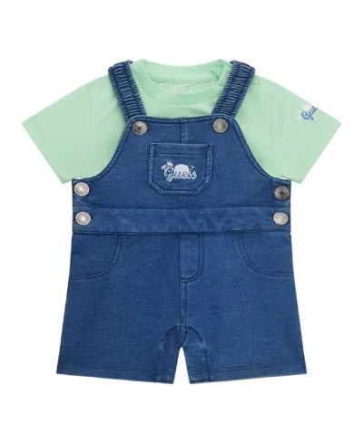 Guess Baby Boys 2-piece T-shirt And Knit Denim Overall Set In Green