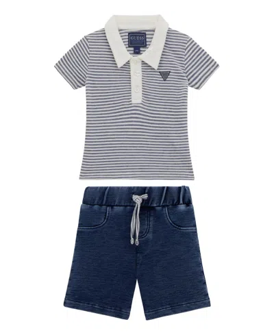 Guess Baby Boys 2-piece Yarn Dye Piquet Polo And Knit Denim Short Set In Blue