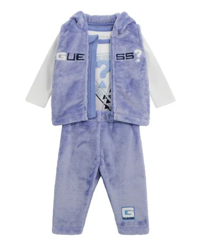 Guess Baby Boys 3-piece Long-sleeve Bodysuit, Hooded Vest And Pant Set In Purple