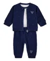Guess Baby Boys 3-piece Long Sleeve Bodysuit, Jacquard Zip-up Sweatshirt, And Pants Set In Blue