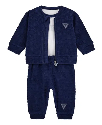 Guess Baby Boys 3-piece Long Sleeve Bodysuit, Jacquard Zip-up Sweatshirt, And Pants Set In Blue