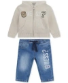 Guess Baby Boys Hooded Long Sleeve Zip Up Sweater Stretch Denim Pull On Jeans In Neutral