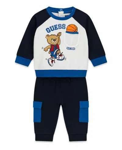 Guess Baby Boys' Long-sleeve Top And Cargo Sweatpant, 2-piece Set In Blue