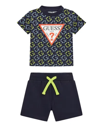 Guess Baby Boys Printed Short Sleeve T-shirt And Active Shorts, 2-piece Set In Blue