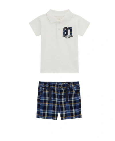 Guess Baby Boys Short Sleeve Polo Shirt And Plaid Shorts Set In White