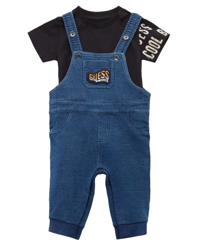 Guess Baby Boys Short Sleeve T Shirt And Overall Set In Black