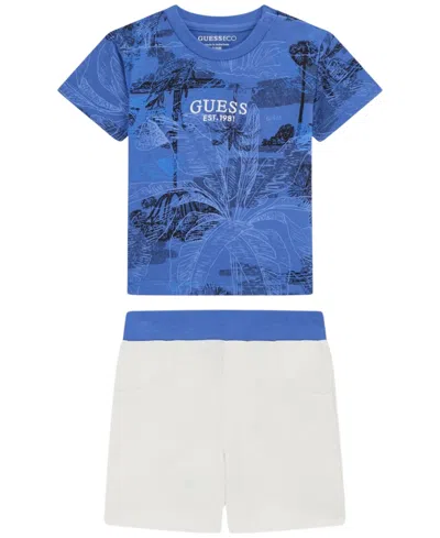 Guess Baby Boys' Short-sleeve T-shirt And Jersey Shorts, 2-piece Set In Blue