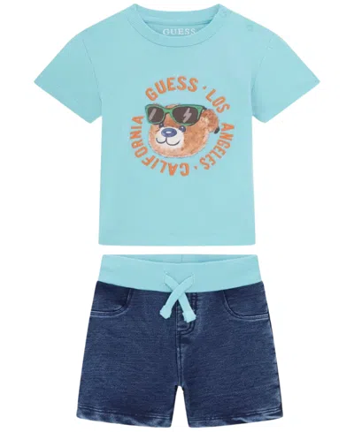 Guess Baby Boys' Short-sleeve T-shirt And Knit Denim Shorts Set, 2-piece Set In Blue