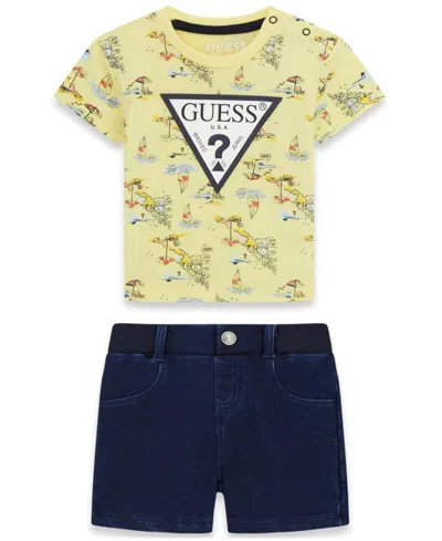 Guess Baby Boys' Short-sleeve T-shirt And Knit Denim Shorts Set, 2-piece Set In Multi