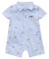 Guess Baby Boys Stretch Jersey Shortall With Folded Collar And Button Front Placket In Blue