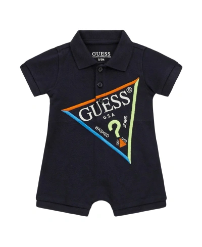 Guess Baby Boys Stretch Pique Triangle Logo Romper In Blue
