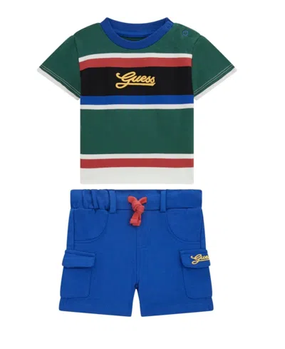 Guess Baby Boys Yarn Dye Short Sleeve T-shirt And Active Shorts, 2-piece Set In Green