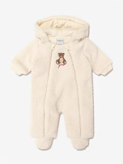 Guess Baby Faux Fur Hooded Pramsuit With Ears In Brown