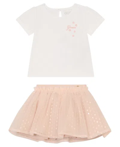 Guess Baby Girl 2-piece Short Sleeve T-shirt And Mesh Sequin Skirt In White