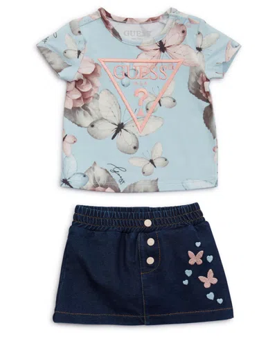 Guess Baby Girl 2-piece Stretch Jersey Printed T-shirt And Knit Denim Skirt In Blue