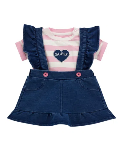 Guess Babies' Logo-patch Pinafore Dress Set In Pink