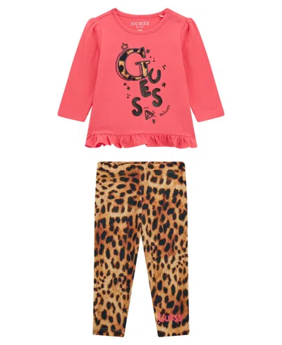 Guess Baby Girl Long Sleeve T-shirt And Printed Legging, 2-piece Set In Pink