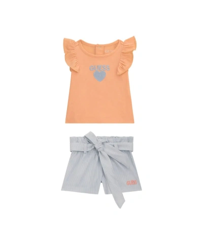 Guess Baby Girl Shirt And Short Set In Orange