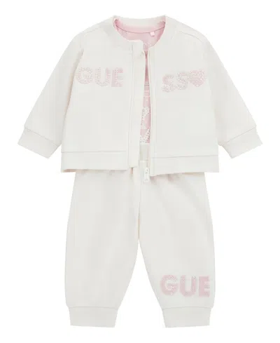 Guess Baby Girl Short Sleeve Bodysuit, Active Zip-up Sweatshirt, And Pant, 3-piece Set In Cream