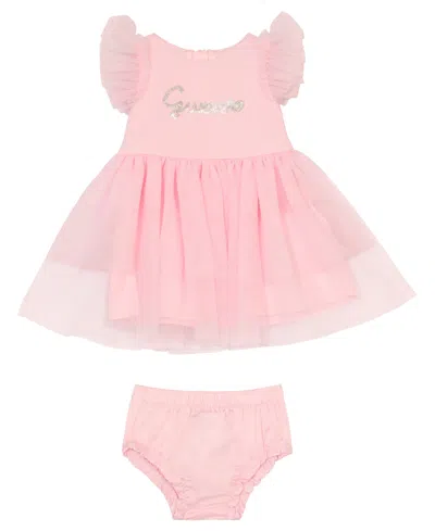 Guess Baby Girl Short Sleeve Dress With Mesh Frill Sleeves And Diaper Cover, 2-piece Set In Pink